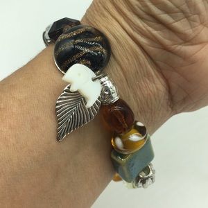 BOHO Stretch Ethnic Bracelet Art Glass & Ceramic Beads Silver Hardware J48